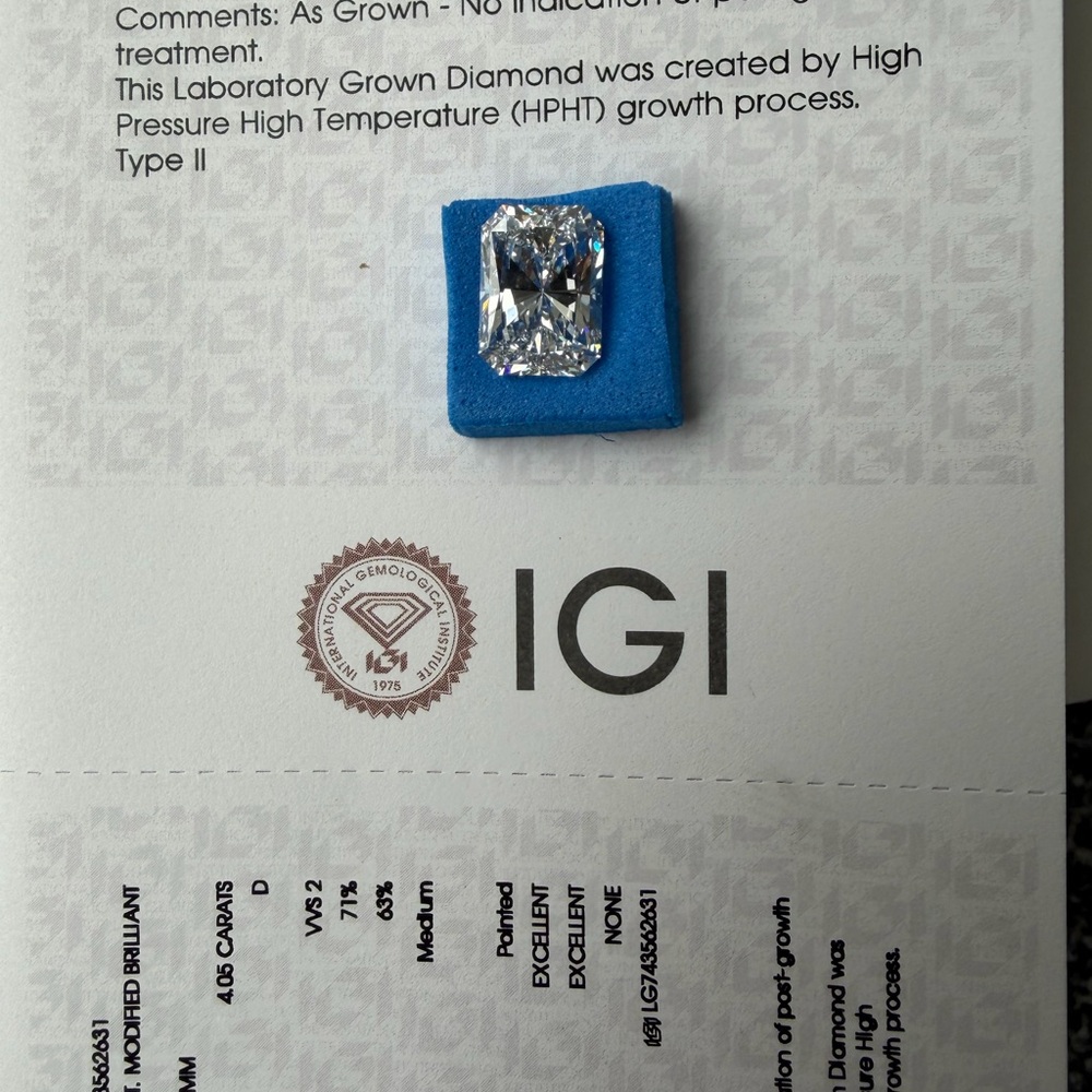 💎 Radiant Cut Lab-Grown Diamond 4.02 ct | D / VVS2 | EX / EX | IGI Certified
